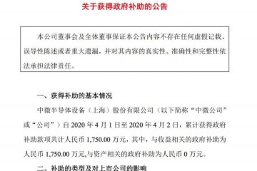 中微公司取得政府补助金钱1750万元