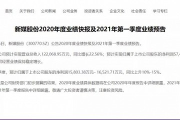 新媒股份2020年度业绩快报及2021年第一季度业绩预告出炉